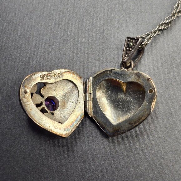 VTG Charles Winston Sterling Silver Amethyst Heart Locket Pendant 1" Signed CW - Picture 3 of 12